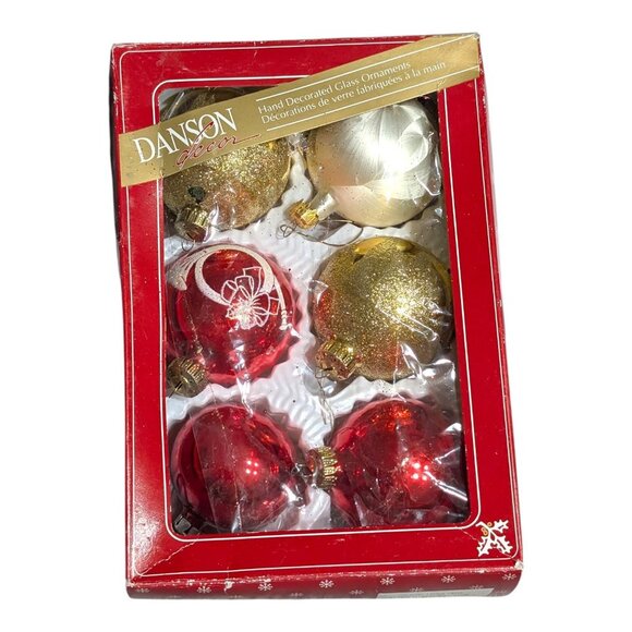 Danson Decor 6 Pc Glass Ornaments Red Gold Glitter Hand Decorated Mexico - Picture 1 of 6